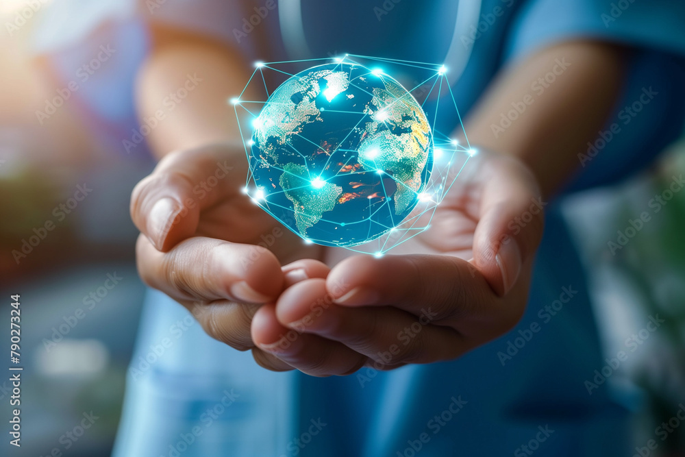 Poster a person is holding a globe with a network of lines connecting it. concept of interconnectedness and