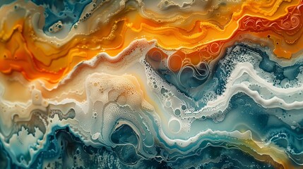 An abstract painting featuring vibrant orange, yellow, and blue colors blending together in dynamic patterns