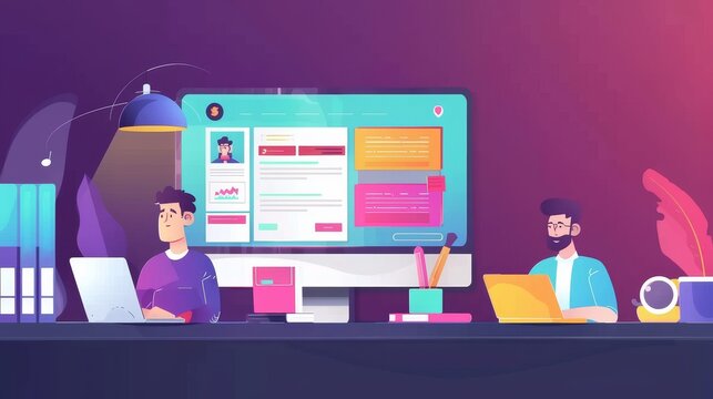 Employee mentorship banner with business coach. Modern landing page of mentorship, support, and training people to achieve career goals. Image of mentor and worker with laptop.