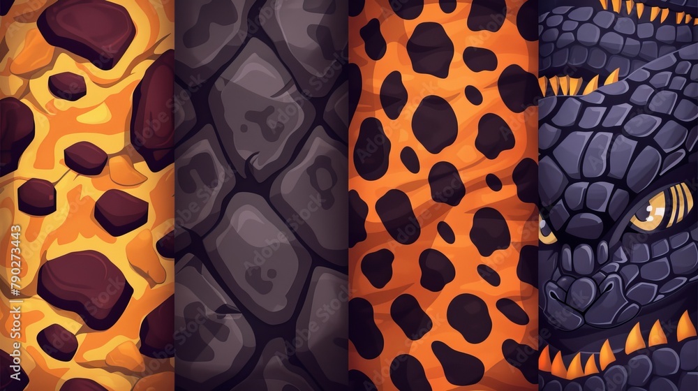 Poster set of seamless patterns with leopard, tiger and snake skin textures for textile or game design. mod