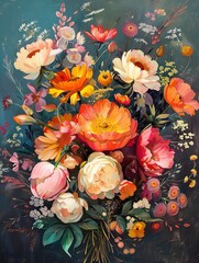 A realistic painting showing a colorful bouquet of flowers in a glass vase placed on a wooden table