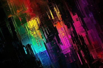 Abstract glitch art in the style of neon rainbow color palette