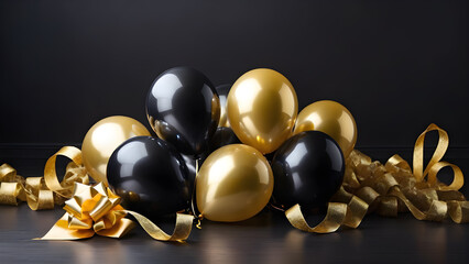 Black and golden balloons with ribbons on black background, closeup
