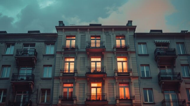 Building with illuminated balconies at night