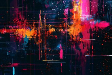 Abstract glitch art in the style of neon rainbow color palette