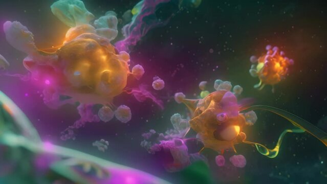 A detailed computer-generated Video showcasing a modern smartphone with a seamless edge-to-edge display, Nanoparticles in action in drug delivery