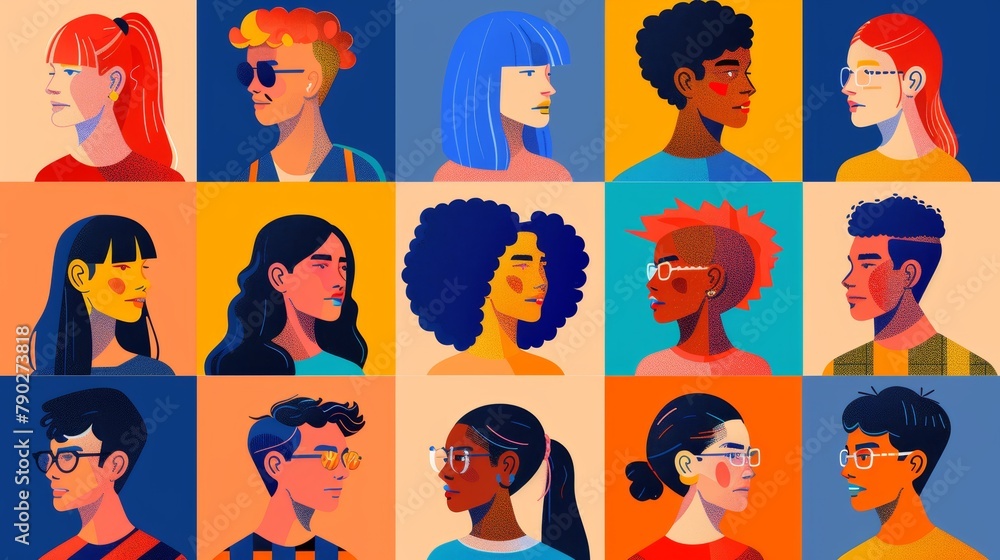 Wall mural Portraits of men and women in a square frame with different hairstyles for social media profiles. Modern flat illustration of portraits male and female.