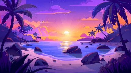 Fototapeta na wymiar An evening landscape on a tropical beach with palm trees, rocks and sand under a purple sky as the sun goes down on the water edge. This is a modern illustration of a sunset on the shore of a