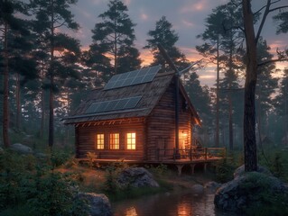 A small cabin in the woods with a porch and a fireplace. The cabin is lit up by the sun setting, creating a warm and cozy atmosphere