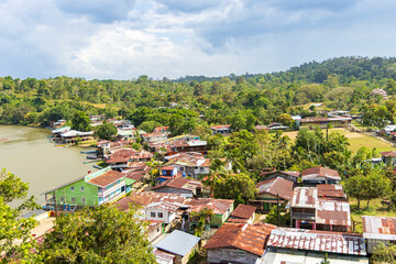 Aerial view of El Castillo village and the San Juan river in Nicaragua