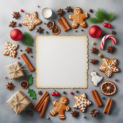 Experience the joy of Christmas with this festive card surrounded by gingerbread cookies and holiday decor. Perfect for sending warm seasonal greetings. Ideal for holiday promotions and Christmas cele