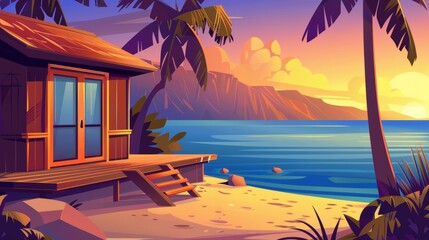 Decorative wooden porch on tropical sea beach at sunrise. Modern illustration of dawn summer landscape with palm trees and terrace with glass doors.
