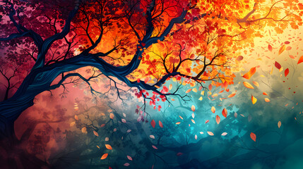 An artful depiction of a tree shedding its orange leaves against a sky backdrop - obrazy, fototapety, plakaty
