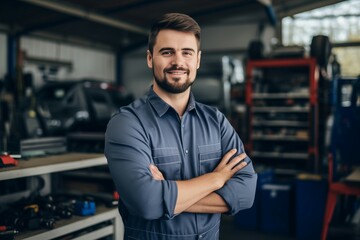 Confident male auto mechanic in action at car service