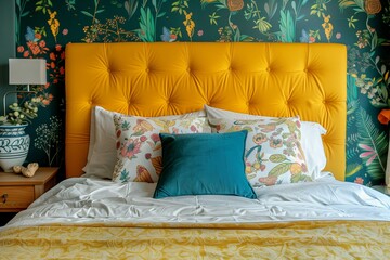 ed with yellow headboard set against floral pattern wall in modern Scandinavian bedroom design