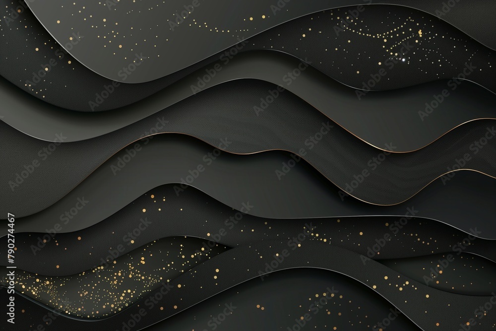 Poster abstract black papercut backdrop adorned with textured waves and a shimmering golden halftone design
