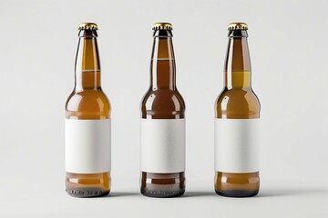 Three brown and white beer bottles on a white background