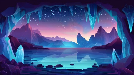 Watery rocky cave with stalactites and crystals, with mountains and stars outside. Cartoon illustration of an empty stone cavern with stalactites and a river or lake inside.