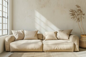 Beige sofa, side table, brass floor lamp: modern living room minimalism with ample blank wall space