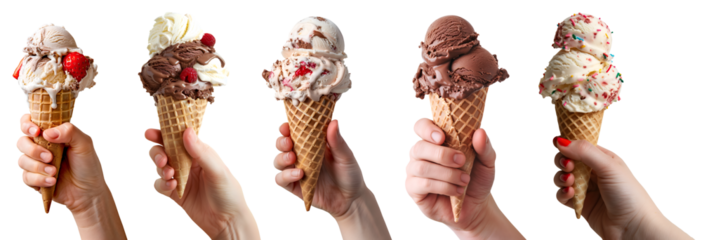 Collection of hand holding Ice cream double triple scoop, on waffle cone on transparent background cutout, PNG file. Many different flavour Mockup template for artwork design