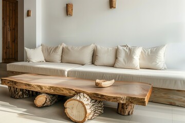 Minimalist living room featuring a beige sofa and a rustic coffee table crafted from natural wood logs