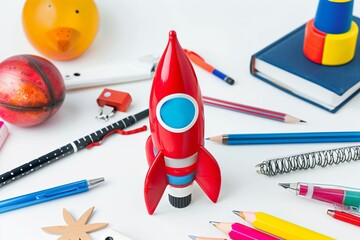 Rocket soaring with school essentials against a clean backdrop