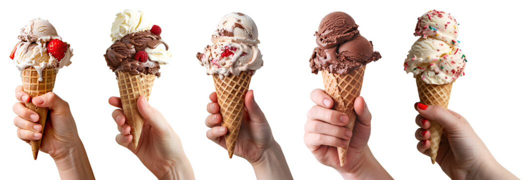 Collection of hand holding Ice cream double triple scoop, on waffle cone on transparent background cutout, PNG file. Many different flavour Mockup template for artwork design
