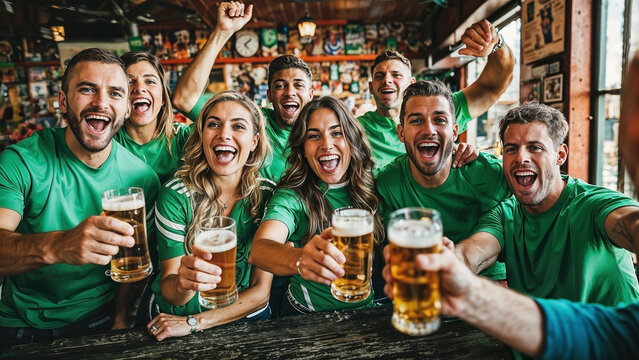 A group of lively sports fans in green jerseys cheering with beers, enjoying a vibrant atmosphere in a crowded pub.