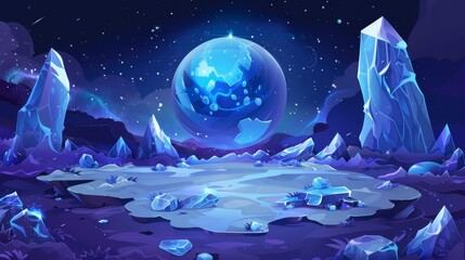 Planet landscape with frozen ice rocks under night sky with glowing and shining Moon sphere. Extraterrestrial cosmic pc game backdrop. Cartoon modern illustration.