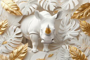 abstract relief design with a rhinoceros and flowers, white and gold