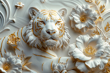 abstract relief design with a tiger and flowers, white and gold