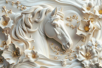 abstract relief design with a horse and flowers, white and gold