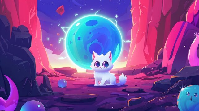 Illustration of a cute alien or fantasy creature on a fantasy planet with magic portal and rocks around. Cartoon funny character with fluffy wings attached to its body. Concept image of a strange