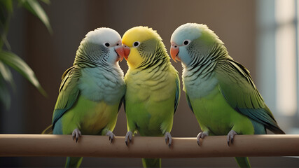 Fototapeta premium A pair of bonded parakeets chirping and preening each other's feathers in a display of mutual grooming and affection