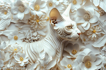abstract relief design with a sphynx cat and flowers, white and gold