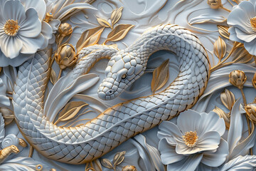 abstract relief design with a snake and flowers, white and gold