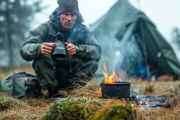 a man sits in front of a camp fire as he puts on thermos