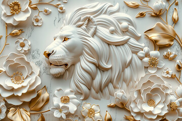 abstract relief design with a lion and flowers, white and gold