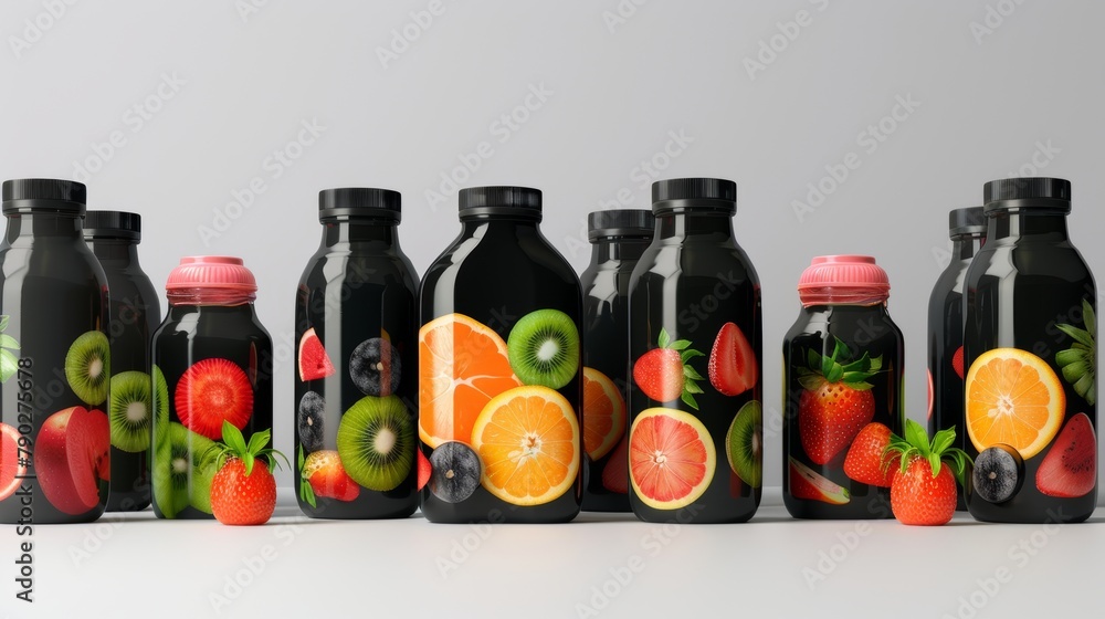 Poster the carton packs for juice have a fruit print on the front and a view from the angle. the modern rea