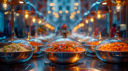 Obraz premium Gourmet Delicacies on Serving Trays: Culinary Excellence on a Warmly Set Table. An Appetizing Display Perfect for Restaurant Menus, Culinary Magazines, and Elegant Dining Experiences 