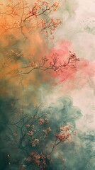 Painting of a tree with vibrant pink and green leaves against a clear blue sky