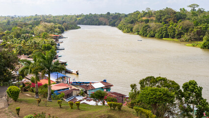 Aerial view of El Castillo village and the San Juan river in Nicaragua