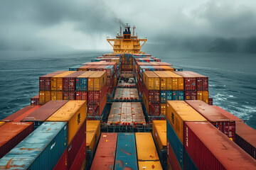 A photograph of a container ship loaded with cargo, a giant of modern commerce traversing global shi