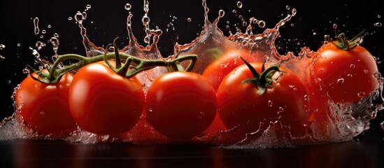 Tomatoes splashing in water on black surface