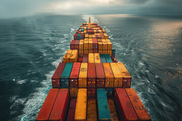 A photograph of a container ship loaded with cargo, a giant of modern commerce traversing global shi - obrazy, fototapety, plakaty