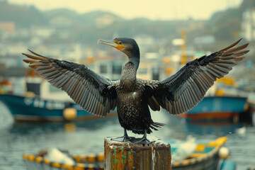 A photograph of a cormorant spreading its wings to dry after a dive, perched on a pier with fishing - obrazy, fototapety, plakaty
