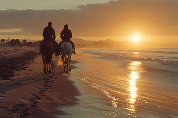 A photograph of a couple enjoying a romantic sunset horseback ride along the beach, the evening ligh