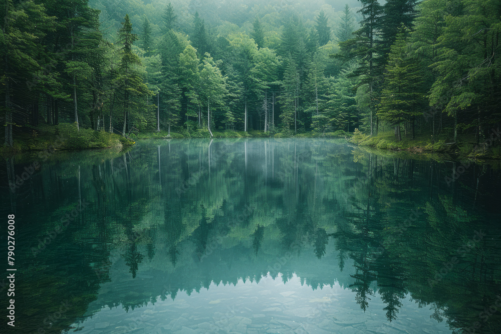 Poster a photograph of a forest reflected in a perfectly still lake, the scene so clear it becomes difficul