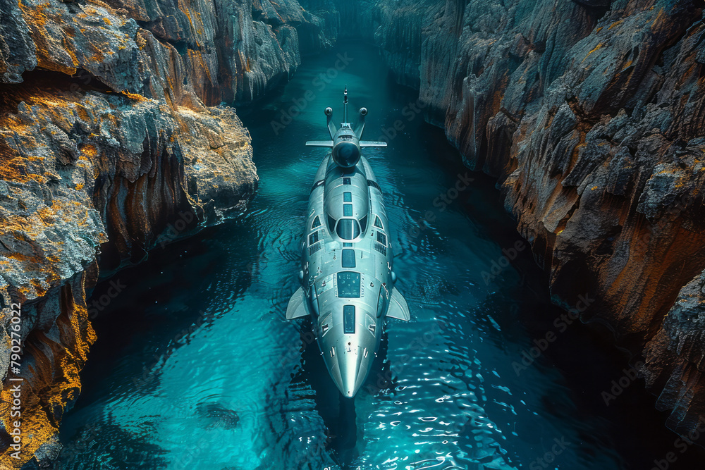 Poster A photograph of a futuristic submarine using advanced propulsion technology to navigate through a na