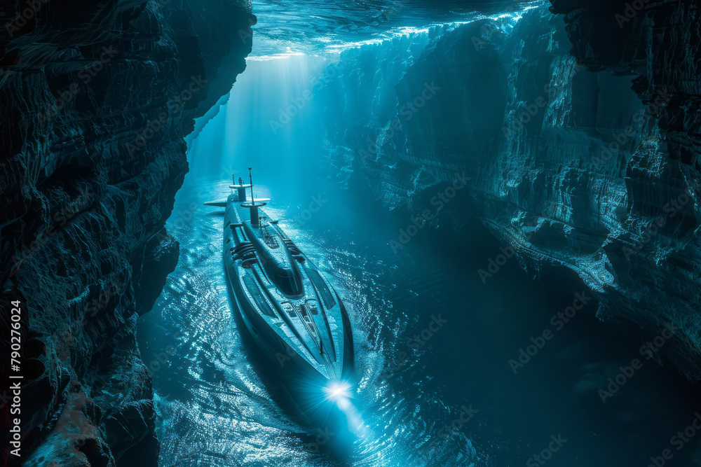 Poster A photograph of a futuristic submarine using advanced propulsion technology to navigate through a na